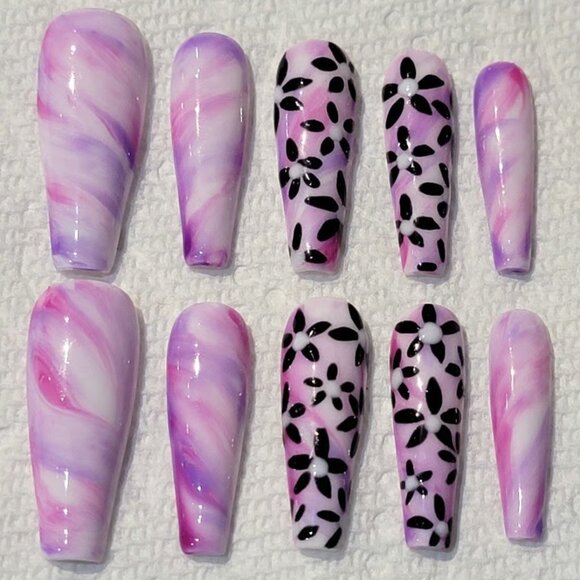 Handmade Other - Spring pink watercolor marble 90s y2k floral Hand painted press on nails coffin